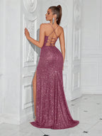 Lace-Up Back High Slit Cami Maxi Dress