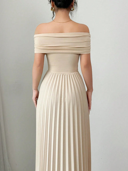 Off Shoulder Pleated Waist Elegant Dress