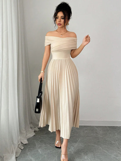 Off Shoulder Pleated Waist Elegant Dress