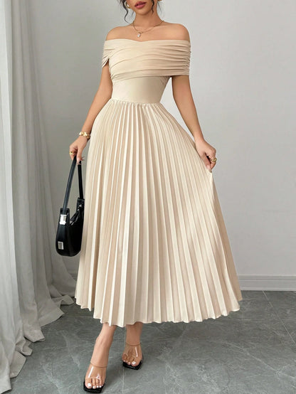 Off Shoulder Pleated Waist Elegant Dress