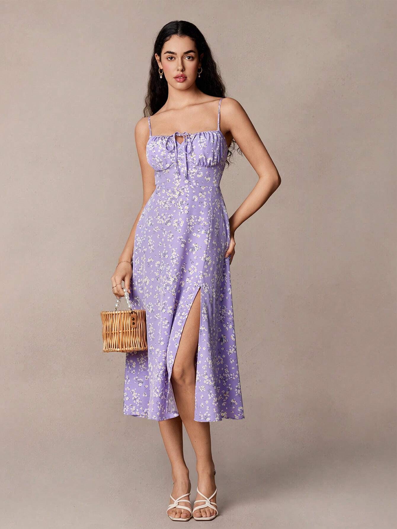 Floral Cami Front and Thigh Slit Summer Dress