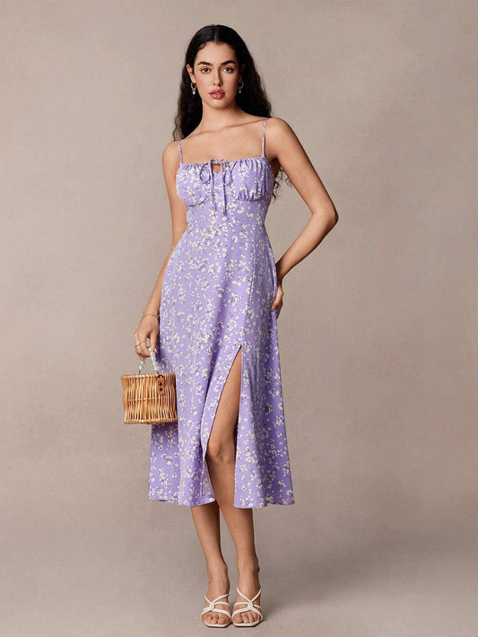 Floral Cami Front and Thigh Slit Summer Dress