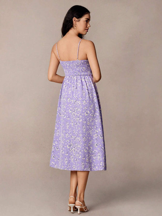 Floral Cami Front and Thigh Slit Summer Dress