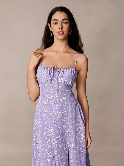 Floral Cami Front and Thigh Slit Summer Dress