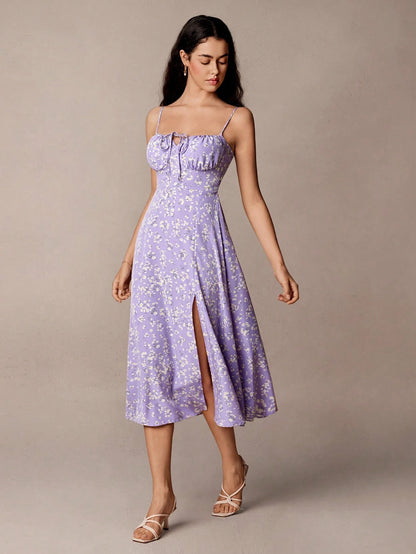 Floral Cami Front and Thigh Slit Summer Dress