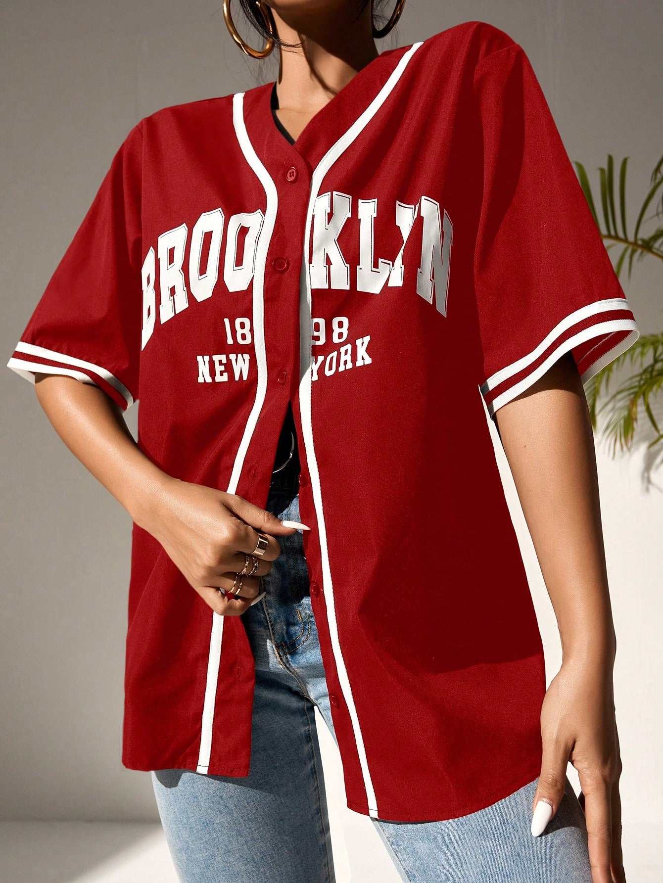 Graphic Striped Trim Baseball Shirt