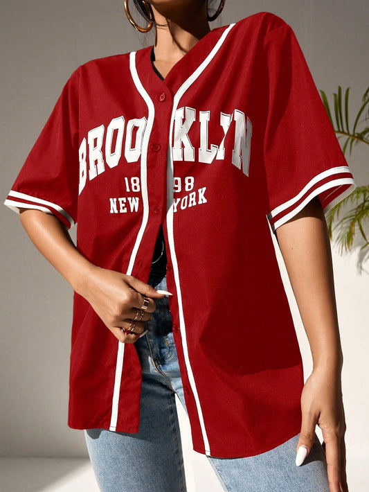 Graphic Striped Trim Baseball Shirt