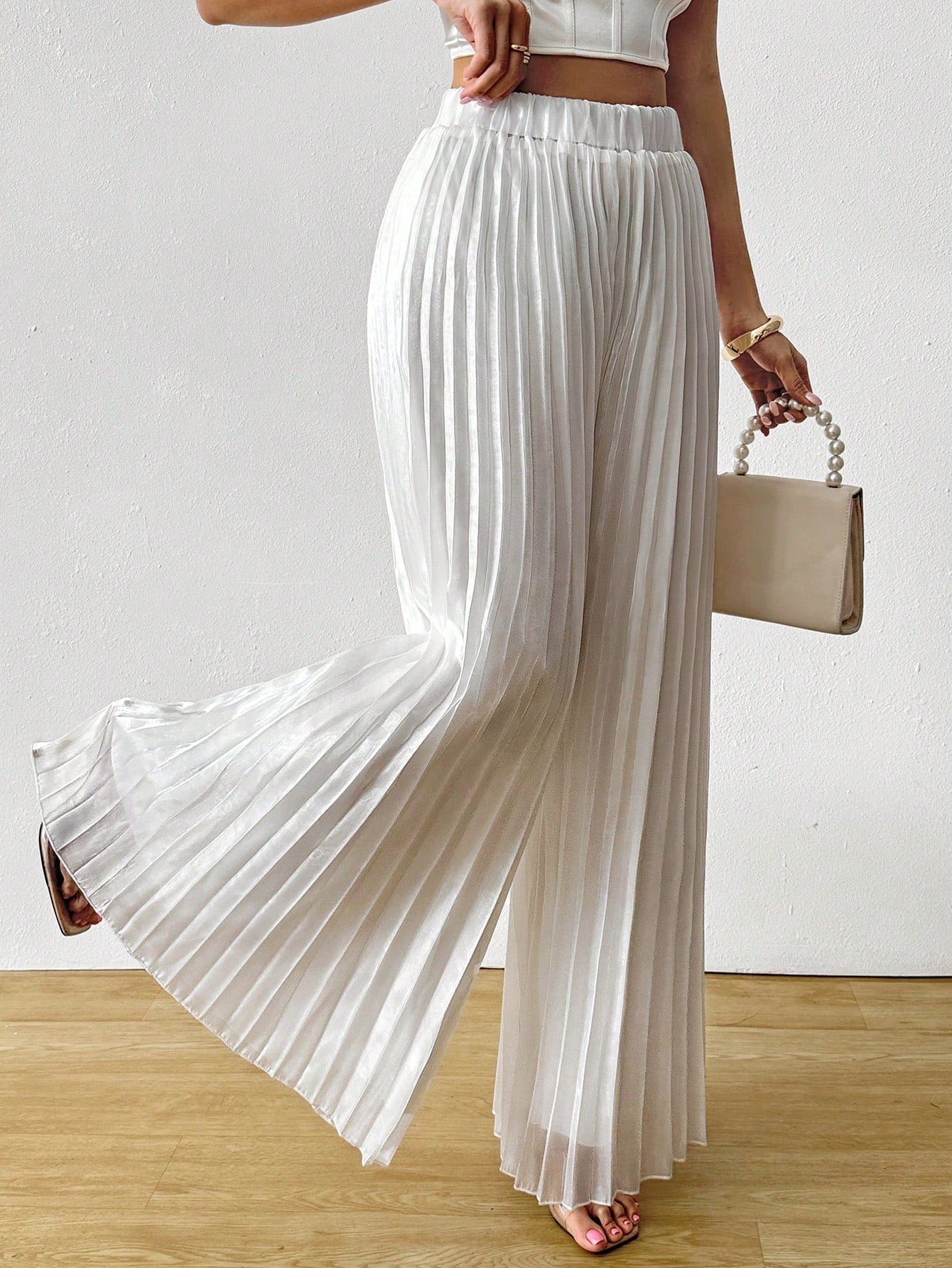 Satin Pleated Long Wide Leg Pants