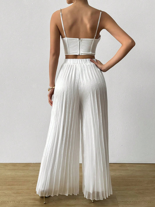Satin Pleated Long Wide Leg Pants