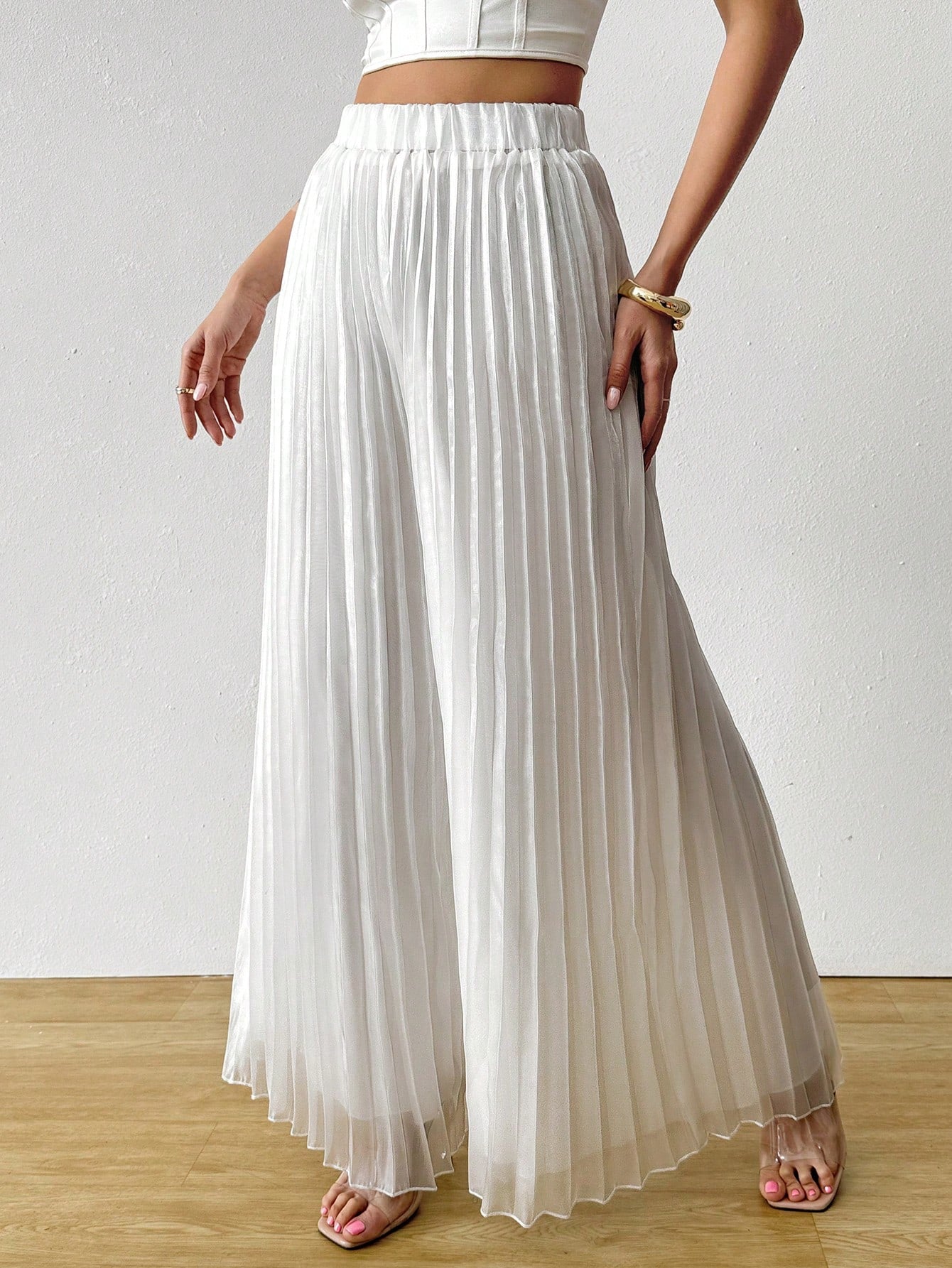 Satin Pleated Long Wide Leg Pants