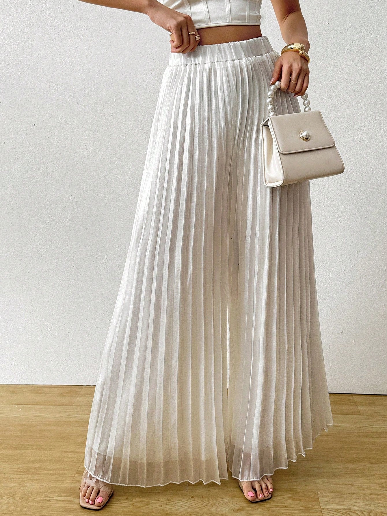 Satin Pleated Long Wide Leg Pants