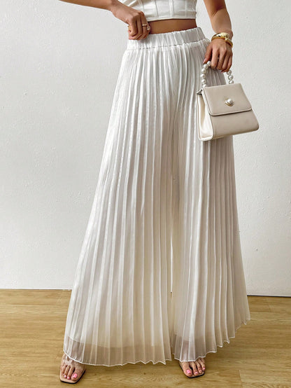 Satin Pleated Long Wide Leg Pants