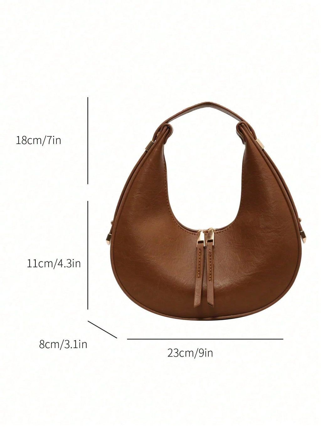 Brown handbag with dimensions indicated on a white background