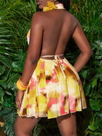 Halterneck Deep V-Neck Waist A-Hem Woven Backless Mini Dress