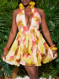 Halterneck Deep V-Neck Waist A-Hem Woven Backless Mini Dress