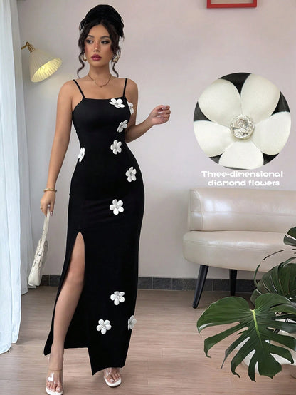 Floral High Slit Spaghetti Strap Dress