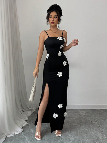 Floral High Slit Spaghetti Strap Dress