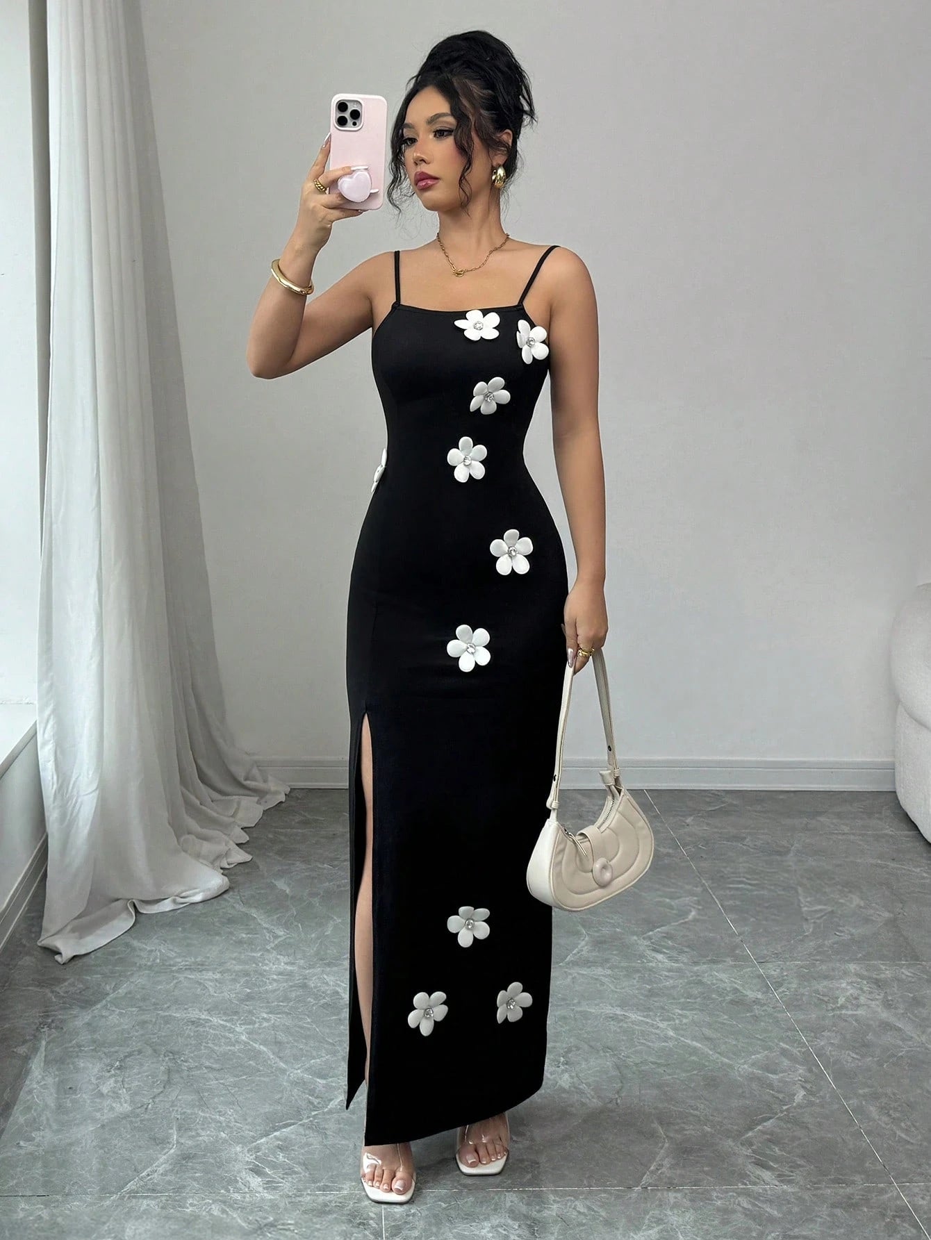 Floral High Slit Spaghetti Strap Dress