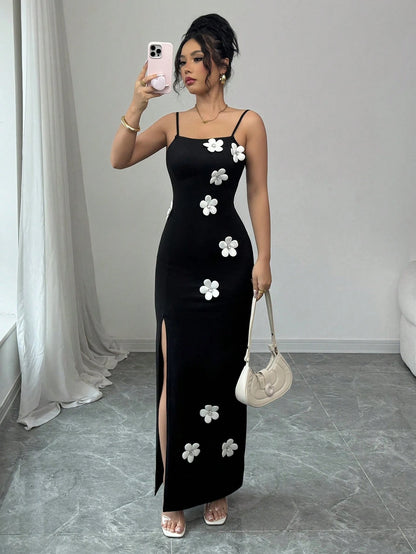 Floral High Slit Spaghetti Strap Dress