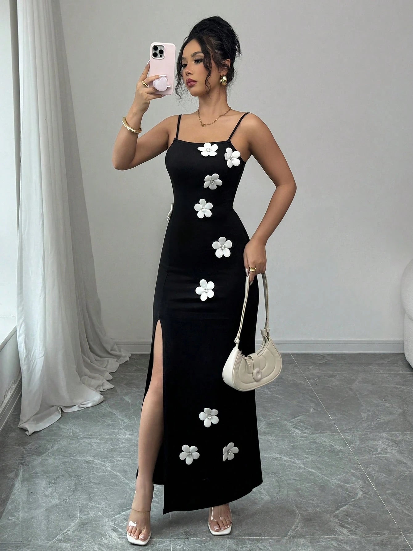 Floral High Slit Spaghetti Strap Dress