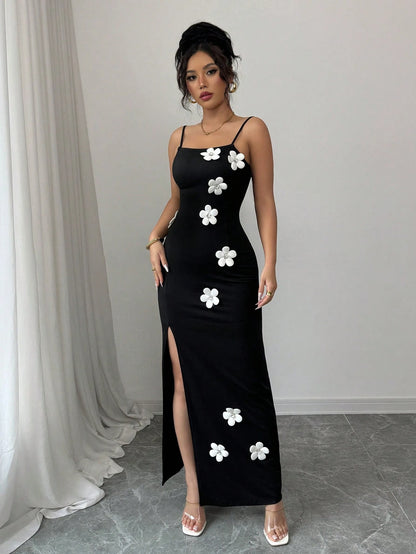 Floral High Slit Spaghetti Strap Dress