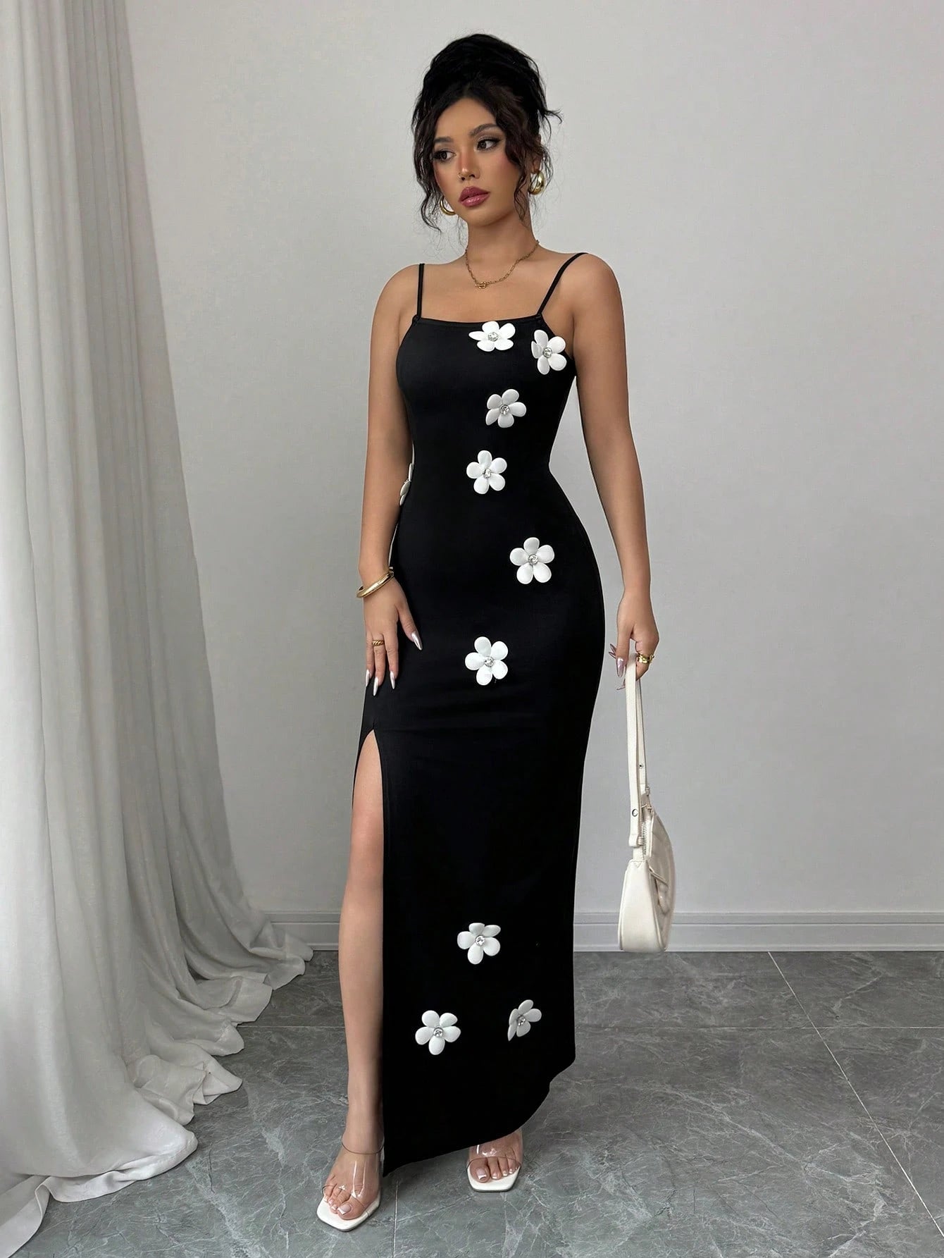 Floral High Slit Spaghetti Strap Dress