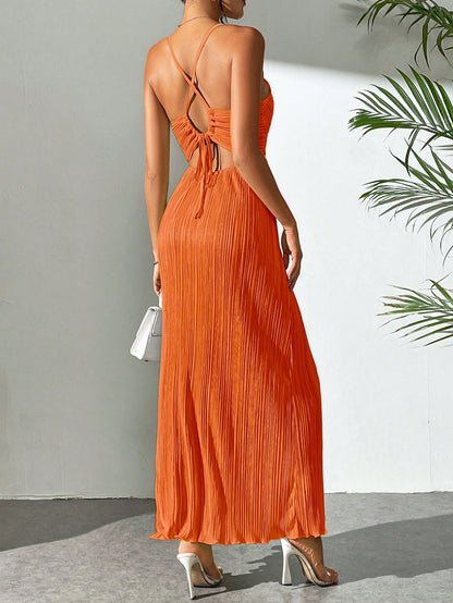 Drawstring Ruffle Backless Cross Straps Maxi Dress