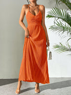 Drawstring Ruffle Backless Cross Straps Maxi Dress