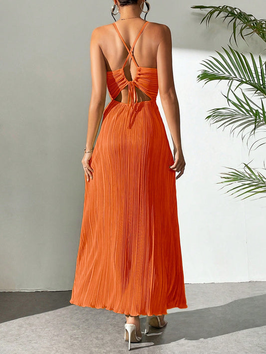 Drawstring Ruffle Backless Cross Straps Maxi Dress