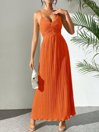 Drawstring Ruffle Backless Cross Straps Maxi Dress