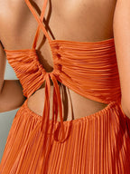 Drawstring Ruffle Backless Cross Straps Maxi Dress
