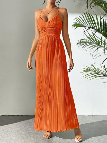 Drawstring Ruffle Backless Cross Straps Maxi Dress