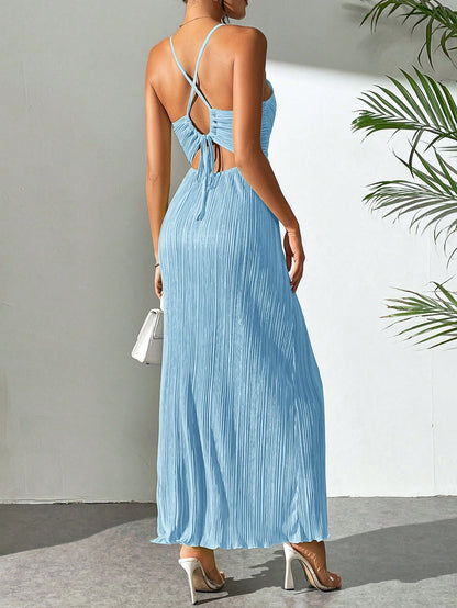 Drawstring Ruffle Backless Cross Straps Maxi Dress
