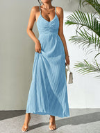 Drawstring Ruffle Backless Cross Straps Maxi Dress