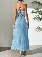 Drawstring Ruffle Backless Cross Straps Maxi Dress