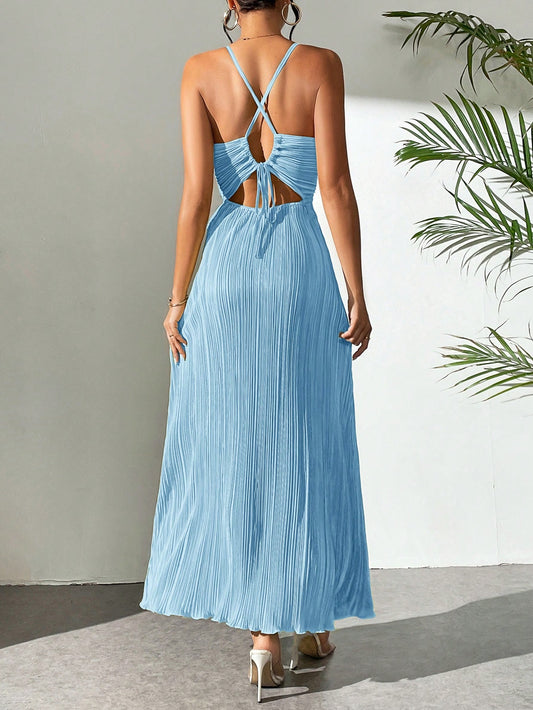 Drawstring Ruffle Backless Cross Straps Maxi Dress