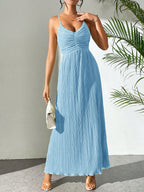 Drawstring Ruffle Backless Cross Straps Maxi Dress