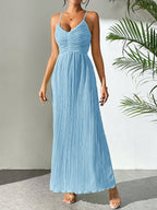 Drawstring Ruffle Backless Cross Straps Maxi Dress