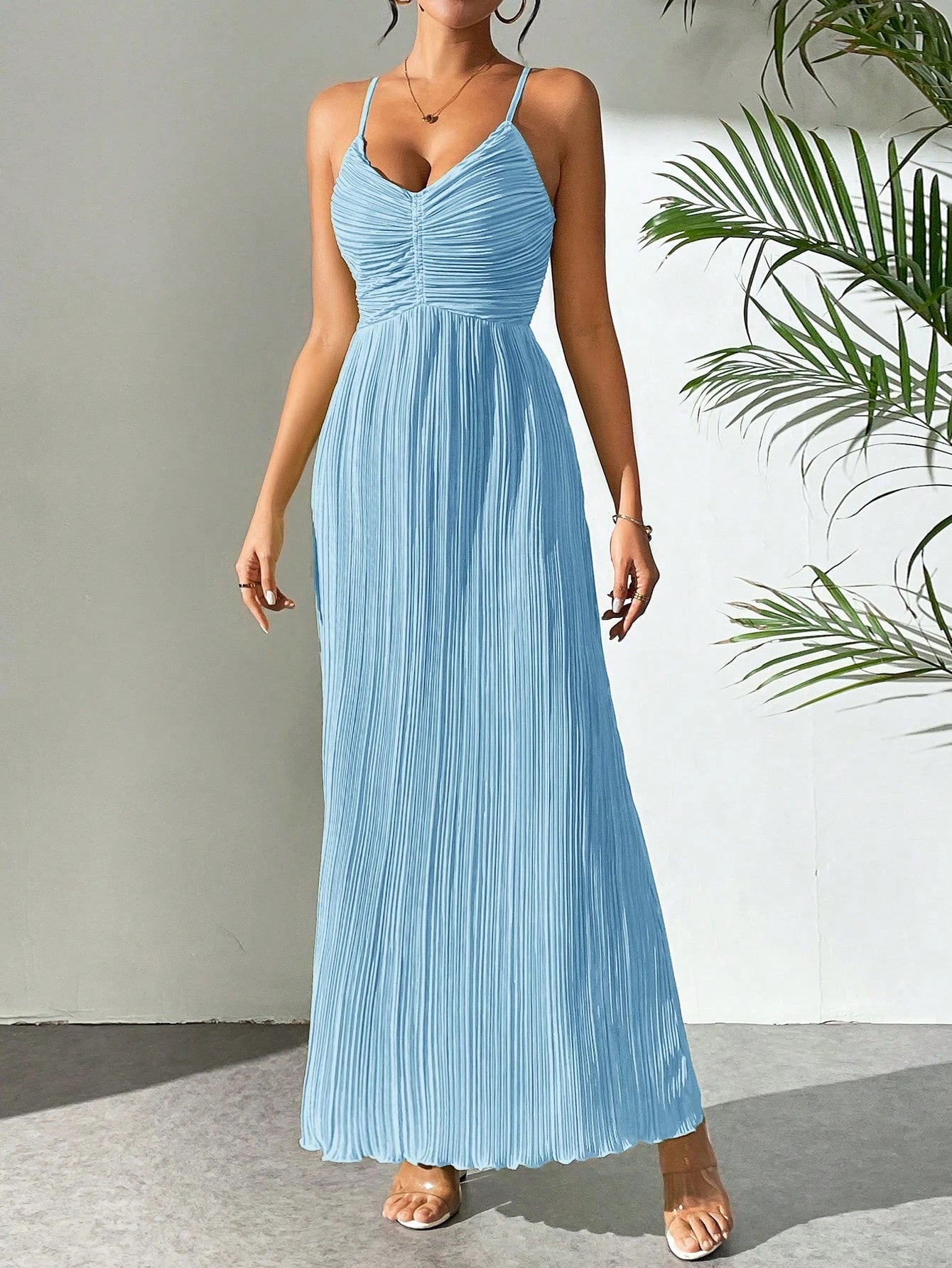 Drawstring Ruffle Backless Cross Straps Maxi Dress