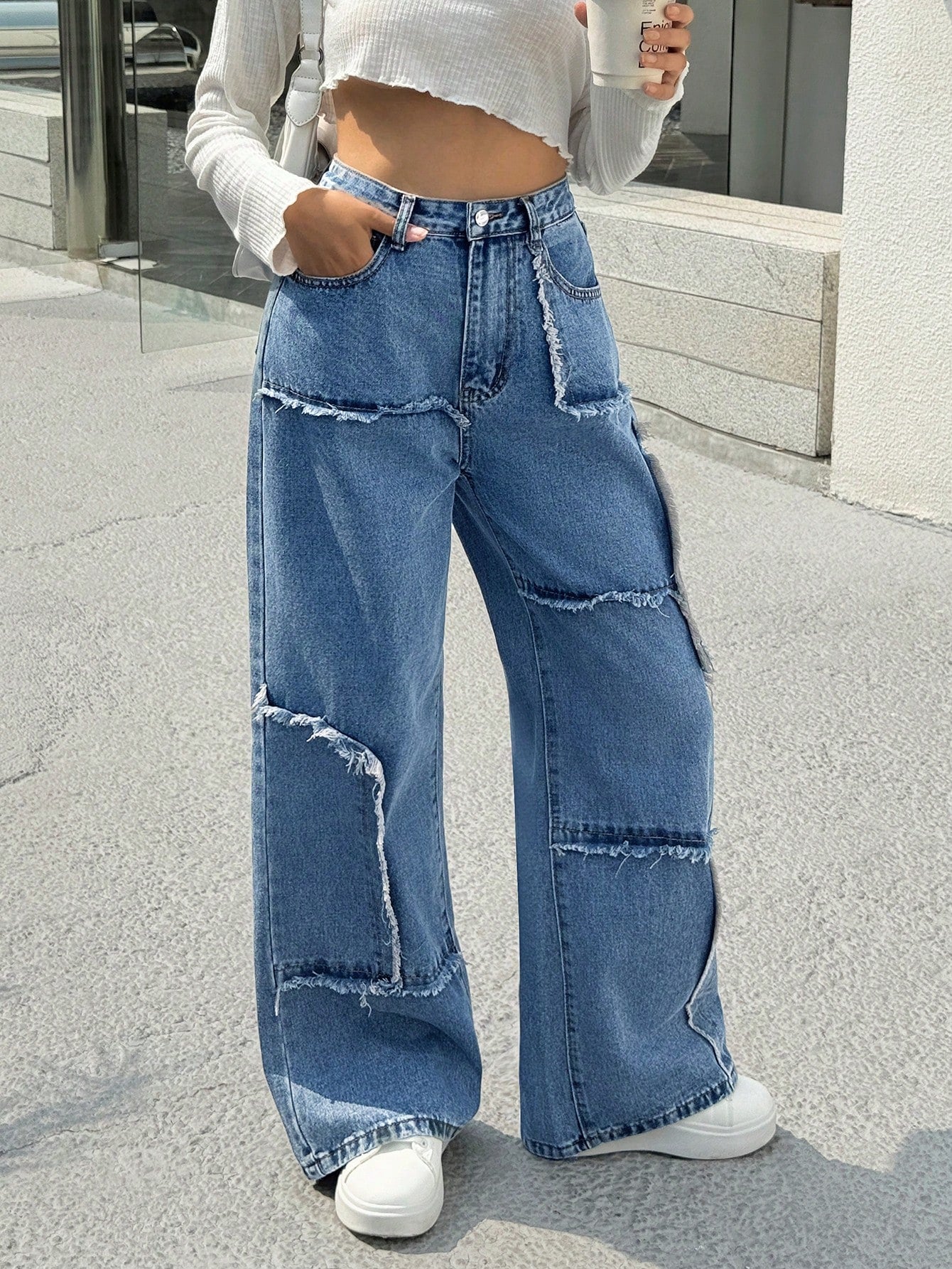 Patchwork Loose Fit Wide Leg Jeans
