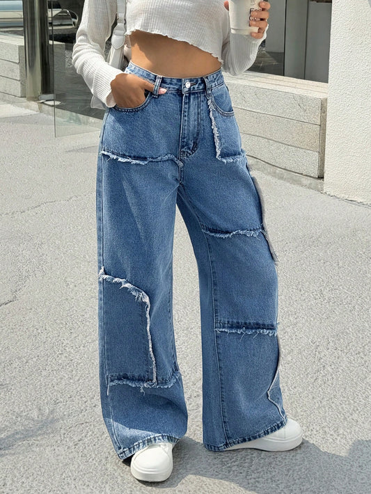 Patchwork Loose Fit Wide Leg Jeans
