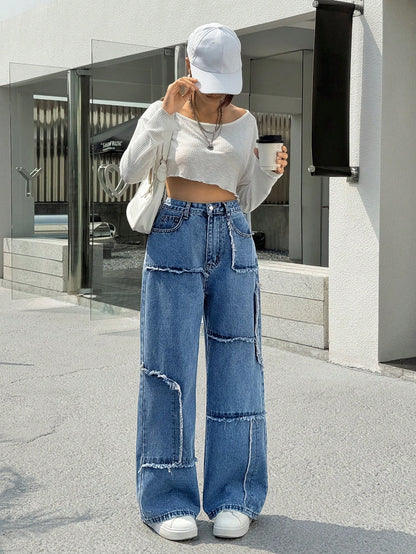 Patchwork Loose Fit Wide Leg Jeans