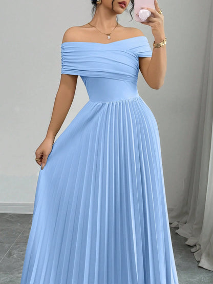 Off Shoulder Pleated Waist Elegant Dress