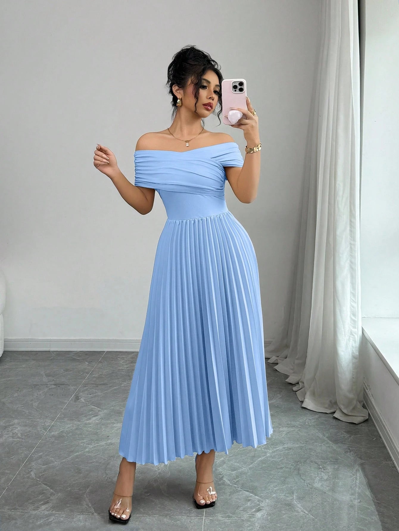 Off Shoulder Pleated Waist Elegant Dress