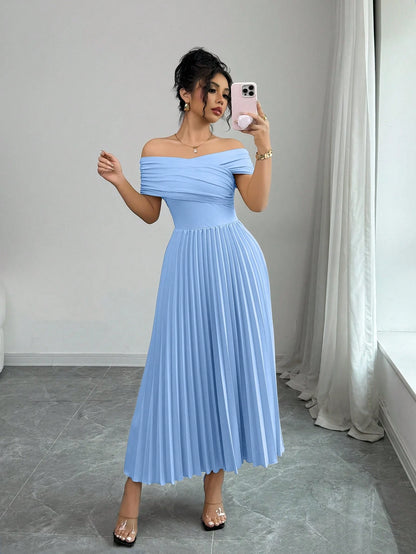 Off Shoulder Pleated Waist Elegant Dress