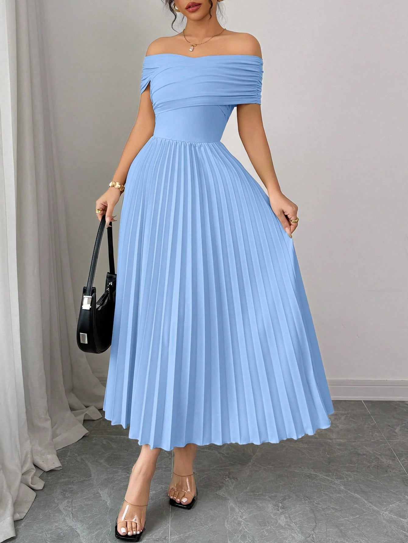 Off Shoulder Pleated Waist Elegant Dress