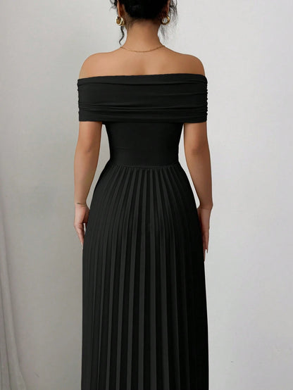 Off Shoulder Pleated Waist Elegant Dress