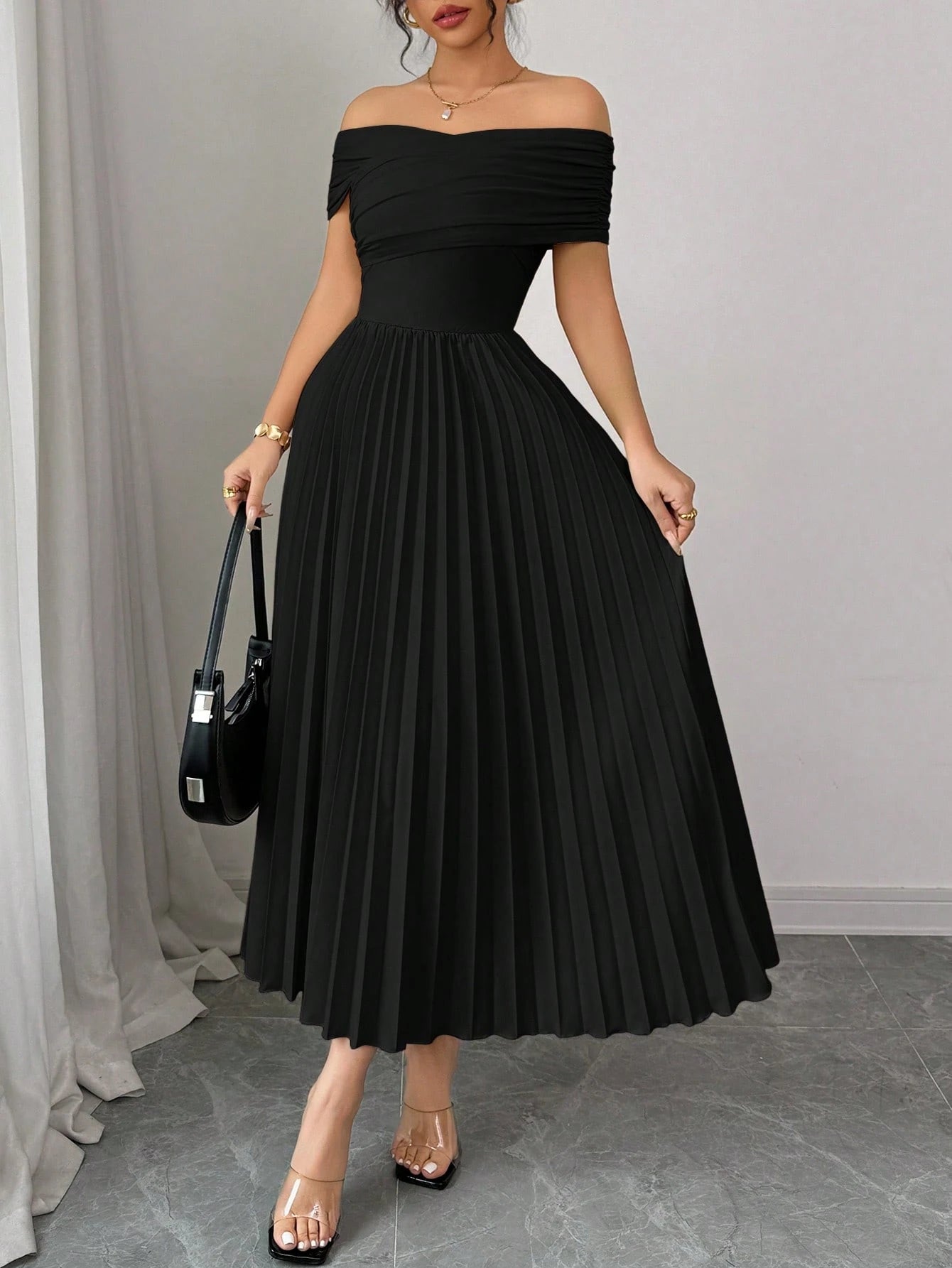 Off Shoulder Pleated Waist Elegant Dress