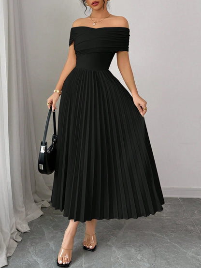Off Shoulder Pleated Waist Elegant Dress