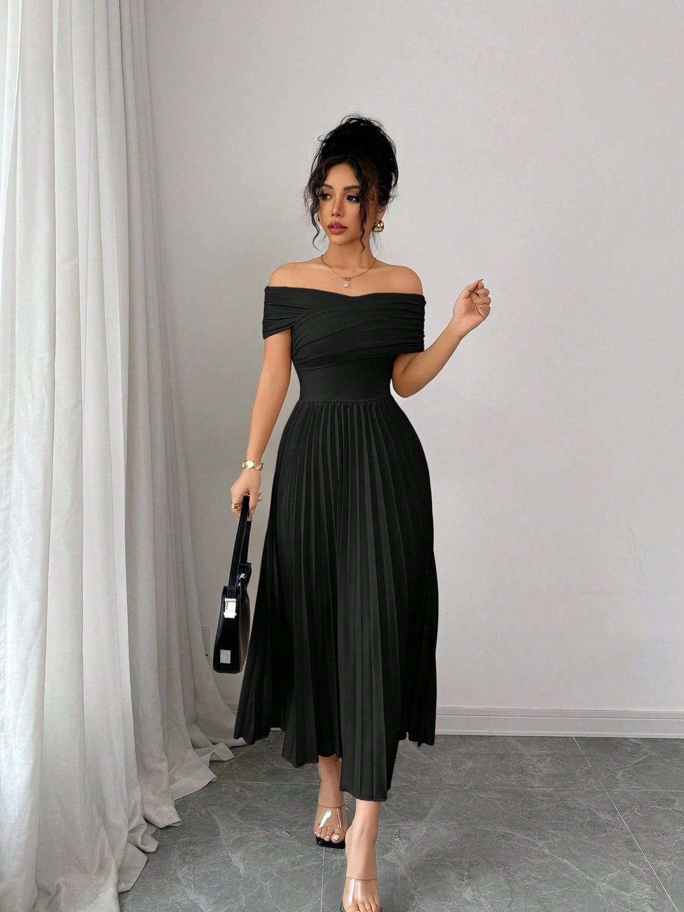 Off Shoulder Pleated Waist Elegant Dress